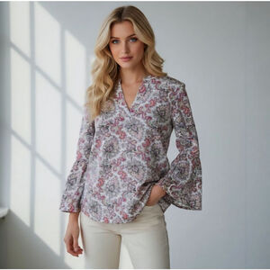 J. Crew XS Pink Paisley Floral Bell Sleeve Blouse Top